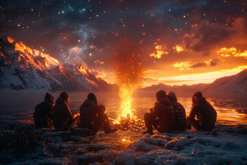 Sticker - A group of friends gathered around a campfire, roasting marshmallows and sharing stories under the starry sky. Concept of nostalgic outdoor bonding. Generative Ai.