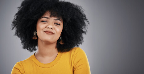 Sticker - Woman, afro and portrait of fashion, smile and clothes for style, confidence and happiness for girl. Tshirt, background and person with pride, relax and hair for model, cool and aesthetic for studio