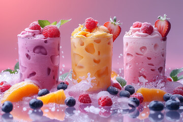 Poster - A colorful tropical smoothie blending fresh fruits and creamy yogurt, offering a refreshing burst of vitamins and flavor. Concept of healthy hydration. Generative Ai.