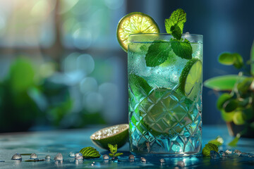 Canvas Print - A refreshing mojito mocktail, muddling fresh mint, lime juice, and sugar with soda water for a non-alcoholic twist on the classic cocktail. Concept of mocktail mixology. Generative Ai.