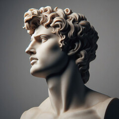 Portrait of a plaster statue of Apollo isolated on black. Gypsum statue of Apollo's bust. Greek god statue. Male statue of a Roman deity, muscular Apollo in Olympus.