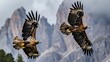 A pair of golden eagles soaring majestically through the expansive sky, their wings outstretched against the backdrop of clouds.