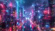 neon lighting futuristic cityscape after rain at night 