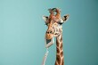 quirky business giraffe talking on phone blue background aigenerated humorous concept illustration