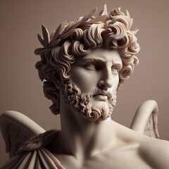 God Apollo bust sculpture. Ancient Greek god of Sun and Poetry Plaster copy of a marble statue isolated on black	