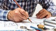 © Justlight - Creating a custom plumbing blueprint requires careful calculations and precise measurements as seen in this image of a plumber carefully drawing out designs on a drafting table. .