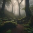 A dense, misty forest with ancient, gnarled trees3