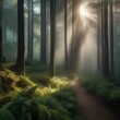A dense, misty forest with sunlight filtering through the canopy3