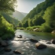 A peaceful river flowing gently through a green valley3