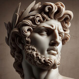 Fototapeta  - Portrait of a plaster statue of Apollo isolated on black. Gypsum statue of Apollo's bust. Greek god statue. Male statue of a Roman deity, muscular Apollo in Olympus.