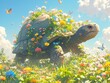 A playful giant tortoise chasing butterflies in a field of wildflowers, its shell covered in colorful blooms , 3d style