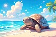 A cartoon giant tortoise basking on a beach, its shell warmed by the sun and gentle waves lapping at its feet , close-up