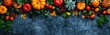 Autumn Harvest: Top View of Seasonal Vegetables, Pumpkins, and Decorative Banner on Dark Textured Concrete Background
