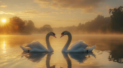 Serene Sunrise: Majestic Swans Gliding Over Calm Lake