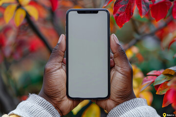 Wall Mural - Hands, nature and phone screen with person in garden for communication or networking space. App, contact and display with mobile user outdoor in park for mock up, social media or text message closeup