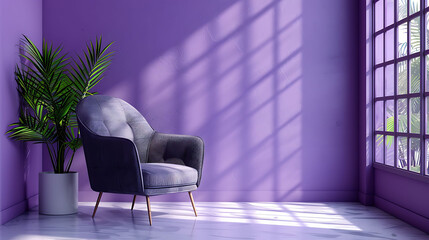 Wall Mural - Modern interior of living room ,Ultraviolet home decor concept, gray armchair on purple wall and white floor ,3d render