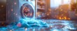 © Natali - Washing machine in a clean room with hud and flying clothes design as wide banner with copy space area
