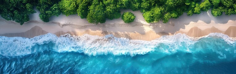 Wall Mural - Turquoise Summer Seascape: Aerial View of Tropical Beach Vacation with Waves, Surf, and Sand