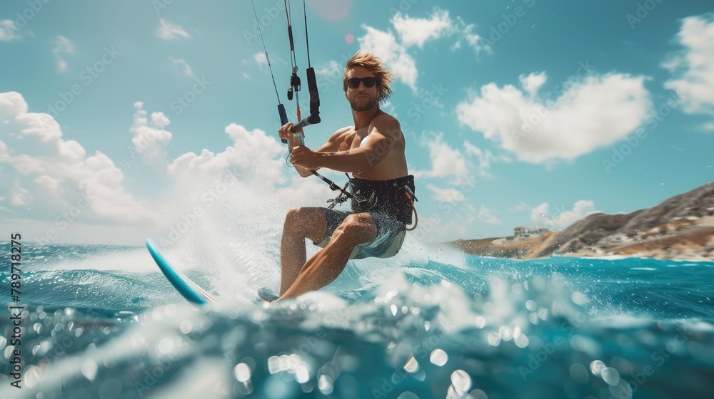 Man having fun riding a wind wave on a surfboard in the ocean