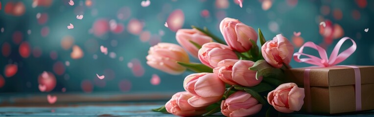 Bouquet of Pink Tulips and Gift Box: Happy Mother's Day Valentine Concept Celebration Greeting Card