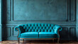 © Wardx - turquoise sofa classic living room decoration grey and blue wall horizontal banner with empty wooden floor interior style, realistic interior design