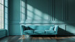 © Wardx - turquoise sofa classic living room decoration grey and blue wall horizontal banner with empty wooden floor interior style, realistic interior design