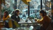 A defocused background featuring a group of writers in a cafÃ© each lost in their own world as they type away on their laptops. The gentle clinking of cups and murmurs of conversation .
