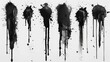A set of spray paint modern elements isolated on a white background, with black round ink stains, lines, drips, splatters and blots in a street style.