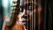 A serene and contemplative portrait of a harpist immersed in the peaceful and melodic tones of their classical music. .