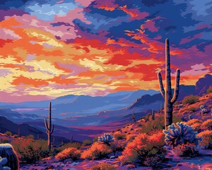 Wall Mural - Vibrant Desert Dusk with Saguaro Cacti and a Rich Tapestry of Clouds