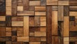 detailed closeup of a hardwood wall featuring small rectangular wooden squares. The varying tints and shades of brown create a unique artlike pattern