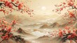 Modern Oriental background with golden texture. Chinese and Japanese Oriental line art. Wallpaper design with cherry blossoms and flamingos. Ocean & wave wall art.