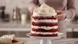 Towering layers of velvety red velvet cake are being generously coated in smooth buttercream frosting revealing the intricate depth of flavors within. .