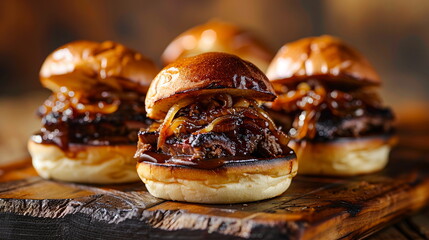 Wall Mural - Barbecue beef brisket sliders with caramelized onions and horseradish mayo on mini buns.