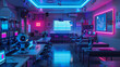 Future Classroom Charm: Cute Robots Interacting with Holographic Learning Modules and Neon-Lit Futuristic Atmosphere