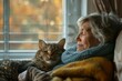 senior woman relaxing with cat in cozy home interior domestic comfort