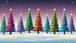 Illustration of row of colorful christmas trees with decorations in snow scene