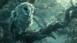 A majestic owl perches on a gnarled branch in a misty, enchanted forest ambiance. Created with Generative AI.