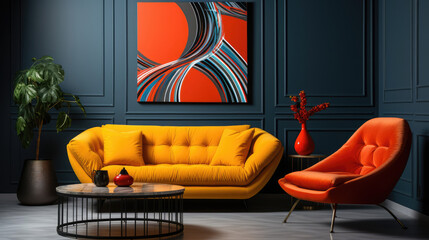 Wall Mural - Vibrant yellow sofa and red lounge chair. Suprematism style interior design of modern living room with abstract geometric shapes. Generative AI