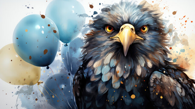 Funny cartoon party eagle with air balloons and confetti isolated over white background. Colorful joyful greeting card for birthday or other festive events. Generative AI