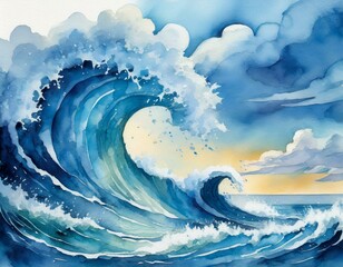 Canvas Print - stunning watercolor painting showcasing an electric blue wave against a white background, evoking the beauty of a natural landscape with cumulus clouds and a windy sky