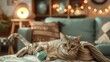 Tabby cat lounges with yarn ball on a cozy blanket in a warmly lit living room. Created with Generative AI.