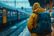 solo young male traveler with backpack waiting for train at railway station wanderlust concept