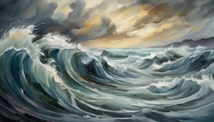 Wall Mural - fluid painting capturing the movement of wind waves in the ocean, with the waters surface rippling u