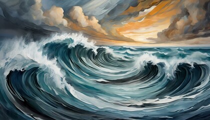 Wall Mural - fluid painting capturing the movement of wind waves in the ocean, with the waters surface rippling under the cloudy sky. Visual arts depicting a dynamic landscape