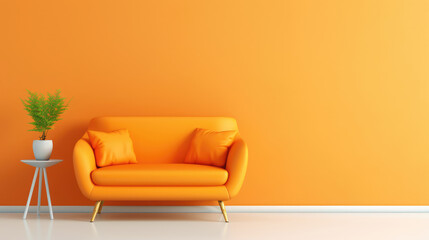 Wall Mural - Cute orange loveseat sofa in empty room. Interior design of modern minimalist living room. Generative AI