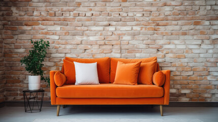 Wall Mural - Cute orange velvet loveseat sofa in room with brick wall. Interior design of modern scandinavian living room. Generative AI