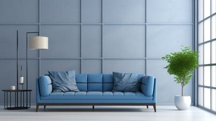 Wall Mural - Blue loveseat sofa against of large grid window. Minimalist interior design of modern living room. Generative AI