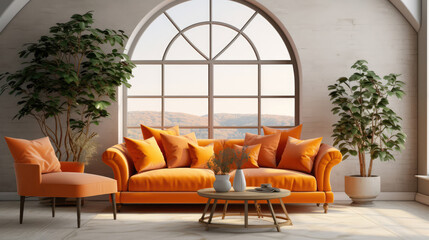 Wall Mural - Cozy orange loveseat sofa against of arched window. Interior design of modern living room. Generative AI