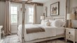 © Justlight - Enjoy a peaceful nights rest in a serene neutraltoned room with touches of rustic charm. 2d flat cartoon.